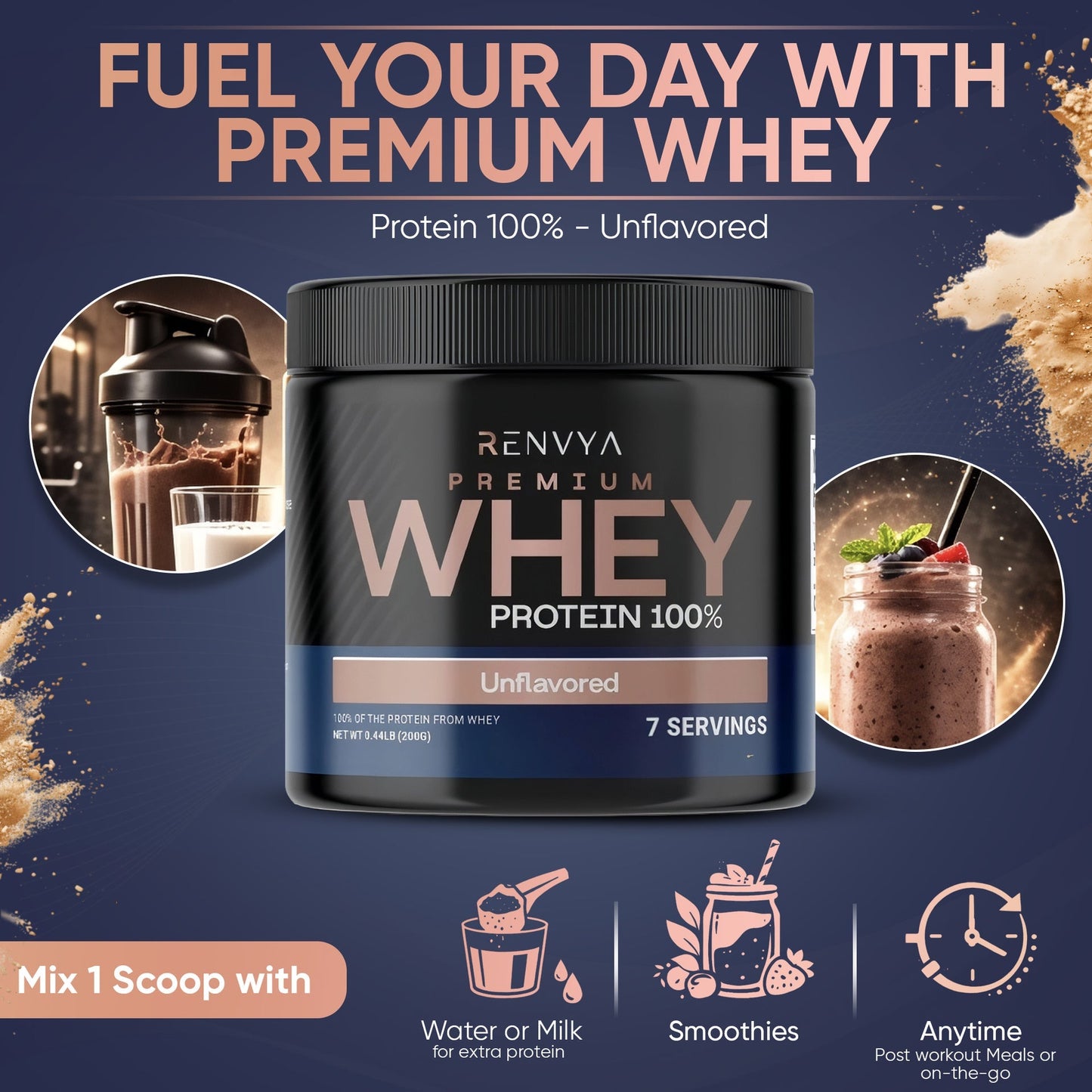 Renvya Premium Whey Protein container with promotional text and images on a dark blue background
