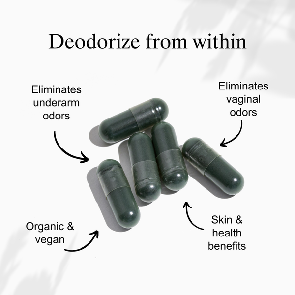 Green capsules with text highlighting their benefits on a white background