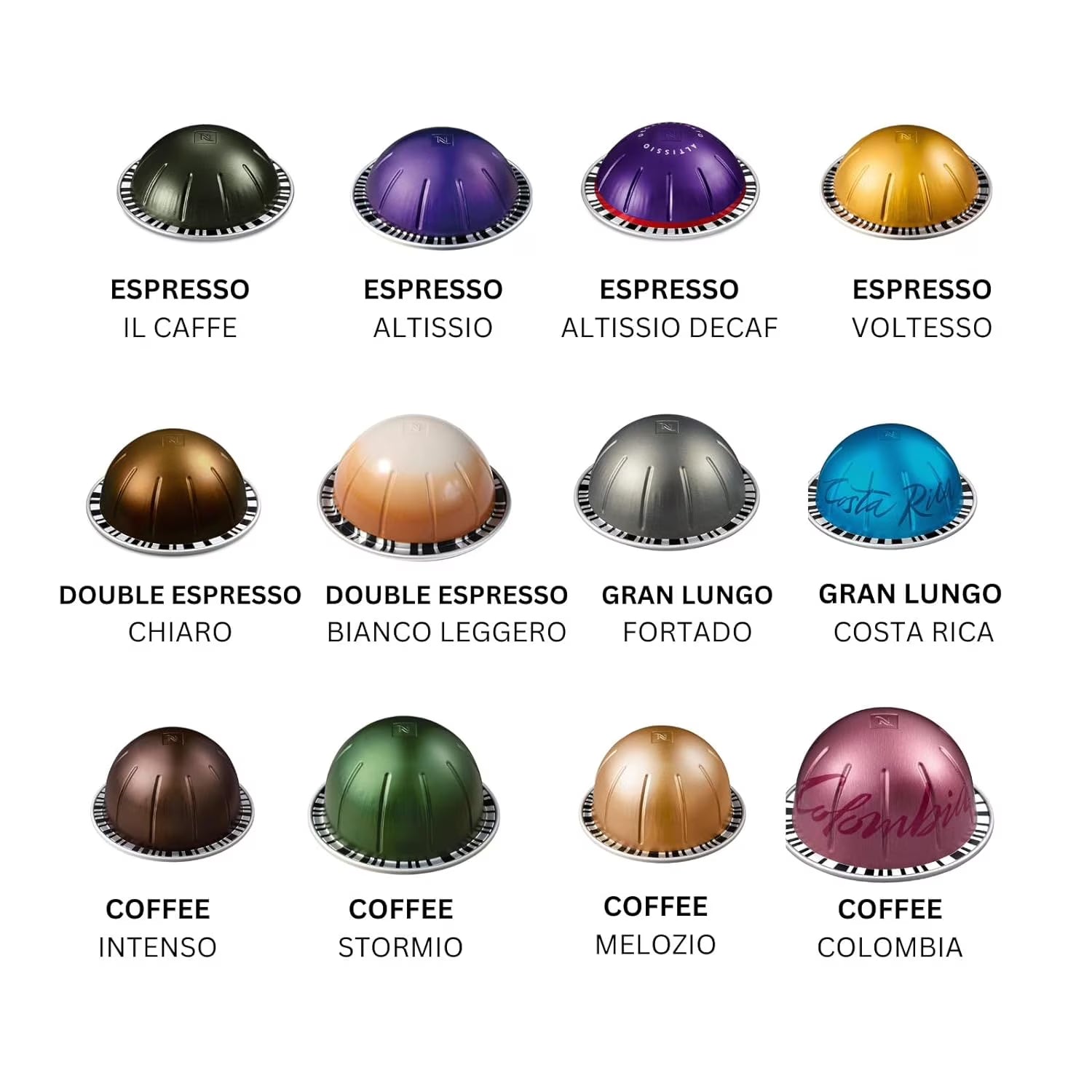 Collection of coffee capsule varieties with labels on a white background