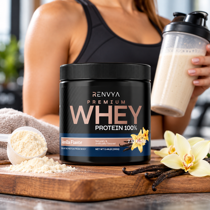 Renvya Whey Protein Poudre 100% – Shake protéiné Vanille Premium pour la croissance musculaire, la récupération et le maintien de la masse musculaire maigre, Protéine à absorption rapide