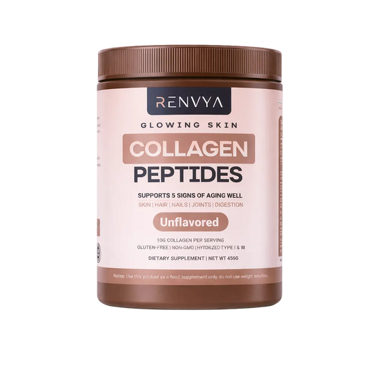 Jar of Renvya collagen peptides on a white background