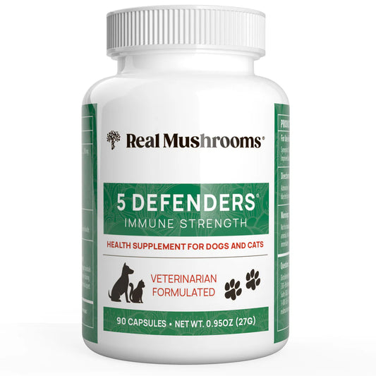 5 Defenders Mushroom Supplements for Cat Dog Vitamins Health Support with Chaga, Shiitake, Reishi Turkey Tail - Vet-Approved Powder Capsules 90ct