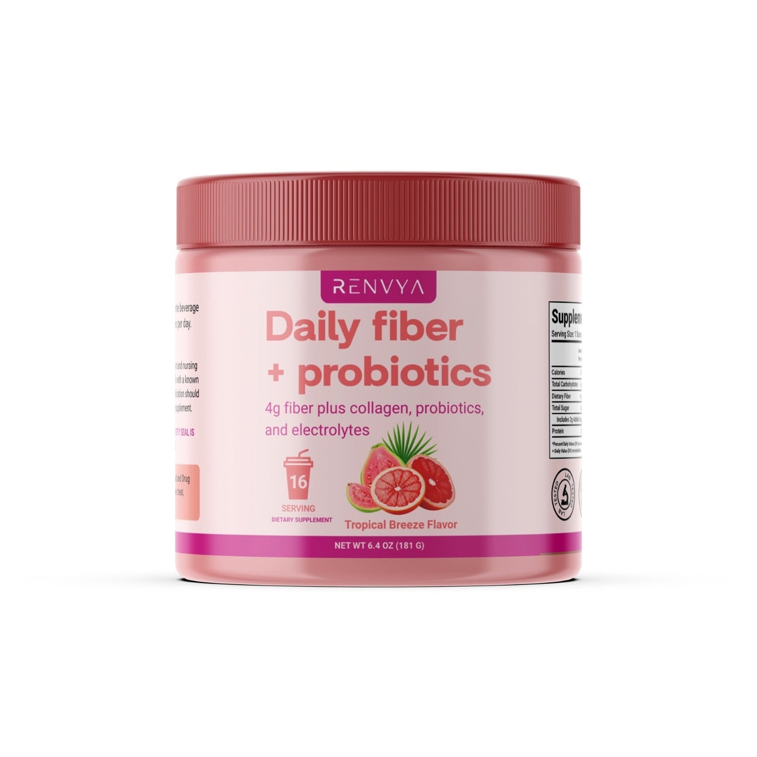 Jar of Renvya Daily fiber + probiotics on a white background