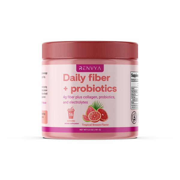 Jar of Renvya Daily fiber + probiotics on a white background