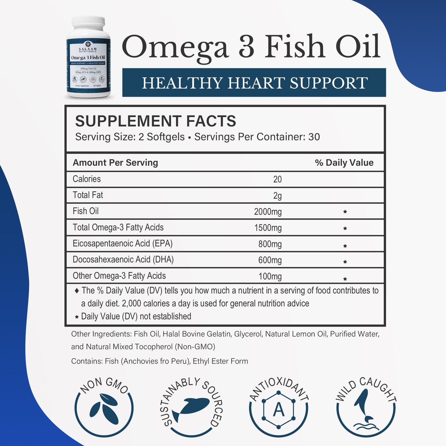 Fish Oil 2000mg Omega-3 Soft Gels with EPA & DHA - 60 Count | Salaam Nutritional's
