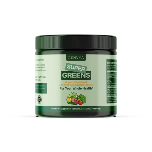 Supplement jar labeled 'Super Greens' by Renvya on a white background