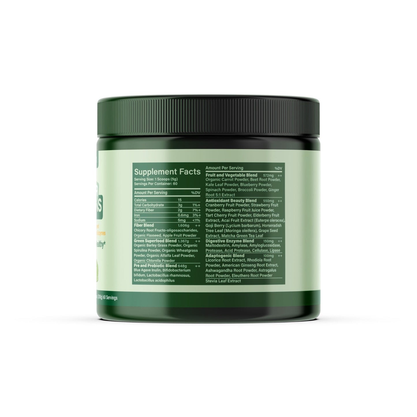 Green supplement jar with label on a white background