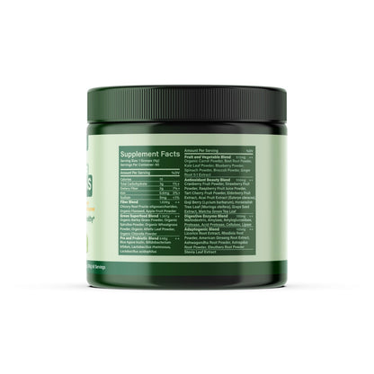 Green supplement jar with label on a white background