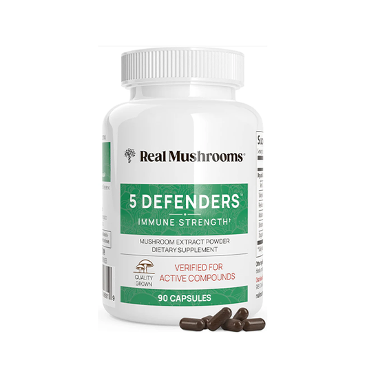 Real Mushrooms 5 Defenders Capsules - Organic Mushroom Extract w/Chaga, Shiitake, Maitake, Turkey Tail, Reishi Supplement for Focus, Immune Support Vegan, Non-GMO, 90 Caps