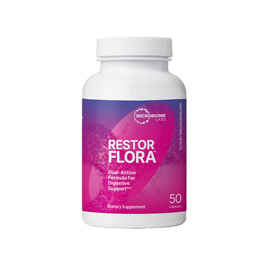 Microbiome Labs Restorflora Probiotics for Digestive Health - Gut Health Supplements with Dual Action Probiotics for Women, Men & Kids 5+ - Support Bowel Regularity & Immune Function (50 Capsules)