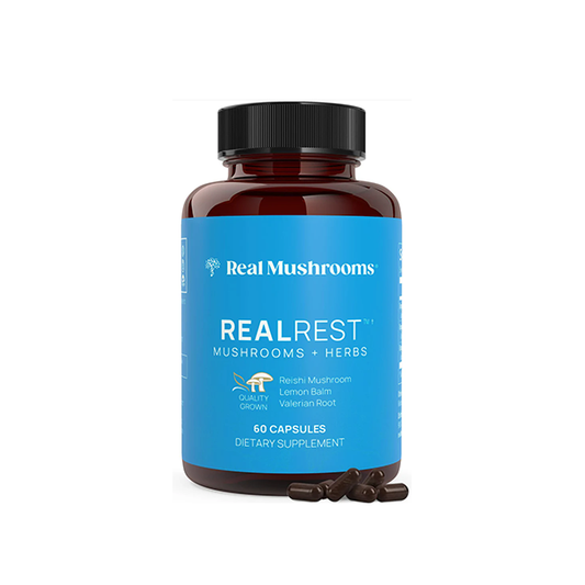 Real Mushrooms RealRest 60ct Reishi Mushroom Capsules for Relaxation - Organic with Lemon Balm Herb Sleep Support Supplement Complex Rest Immune