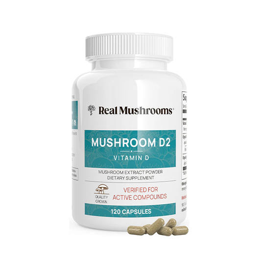 Real Mushrooms Vitamin D2 120 ct Vegan D Supplements - Organic Supplement 1000 IU Shiitake Agaricus Mushroom Complex Vitamins for Bone Muscle Health, Energy, Mood
