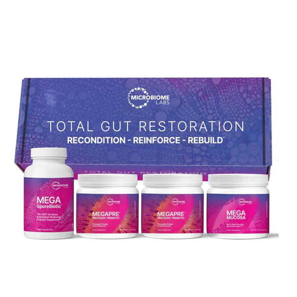 Microbiome Labs Total Gut Restoration Kit (Powder) - 3-Product Gut Health Spore Based Probiotic, Prebiotic Powder & Mucosal Immunoglobulin + Amino Acids Supplement for Immune, GI & Digestive Health