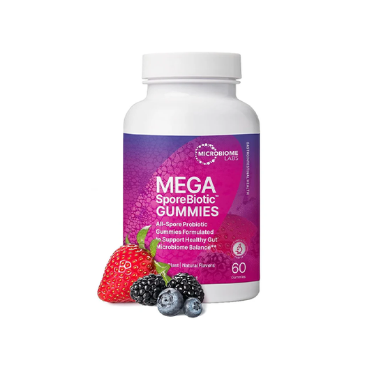 Microbiome Labs Spore Based Probiotic Gummies for Women, Men & Children - MegaSporeBiotic Gummies - 4 Bacillus Probiotics for Digestive Health & Microbiome Support - Berry Flavor (60 Gummies)