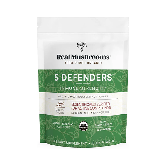 Real Mushrooms 5 Defenders Powder - Organic Mushroom Extract w/Chaga, Shiitake, Maitake, Turkey Tail, Reishi Supplement Vegan, Non-GMO, 45 Servings