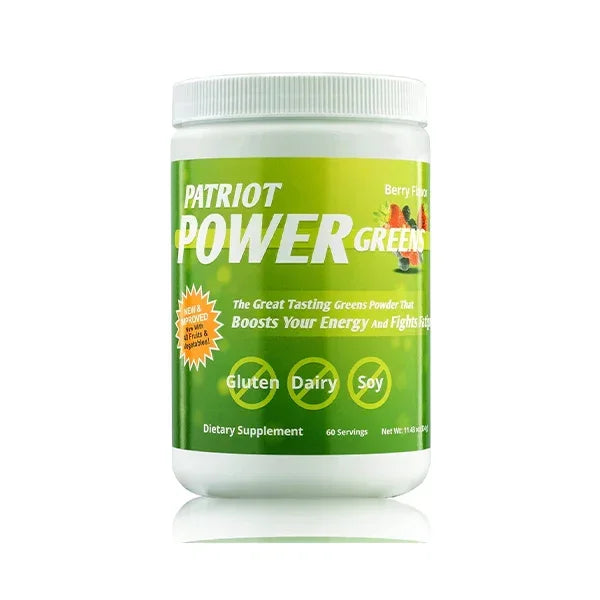 Patriot Power Greens dietary supplement powder container, berry flavor, gluten-free, dairy-free, soy-free