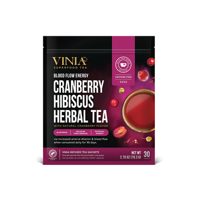 VINIA Cranberry Hibiscus Herbal Tea Bags, Made with Organic Herbal Tea, Infused with Piceid Resveratrol for Heart Health, Nitric Oxide, Physical Energy, Alertness, Blood Flow, Keto, NON-GMO. (30)