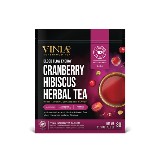 VINIA Cranberry Hibiscus Herbal Tea Bags, Made with Organic Herbal Tea, Infused with Piceid Resveratrol for Heart Health, Nitric Oxide, Physical Energy, Alertness, Blood Flow, Keto, NON-GMO. (30)
