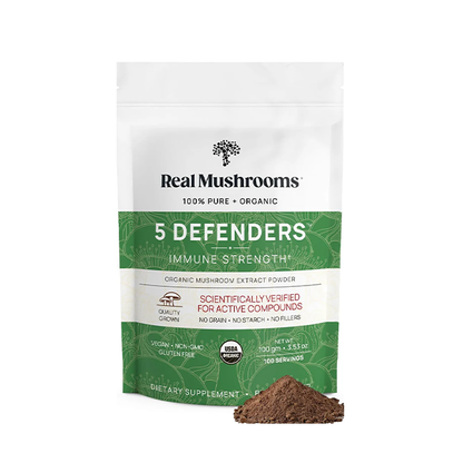 Real Mushrooms 5 Defenders Powder - Organic Mushroom Extract w/Chaga, Shiitake, Maitake, Turkey Tail, & Reishi - Mushroom Supplement for Brain, Focus, & Immune Support - Vegan, Non-GMO, 100 Servings