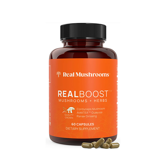Real Mushrooms RealBoost Capsules - Mushroom Supplement Blend with Cordyceps Mushroom, Panax Ginseng Extract Guayusa Energy, Immune Defense, Mood Support Vegan, 60 Caps