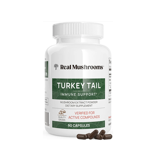 Real Mushrooms Turkey Tail Capsules - Organic Mushroom Supplement with Potent Extract for Gut, Energy, Brain, Immune Support Vegan Extract, Non-GMO, 90 Caps