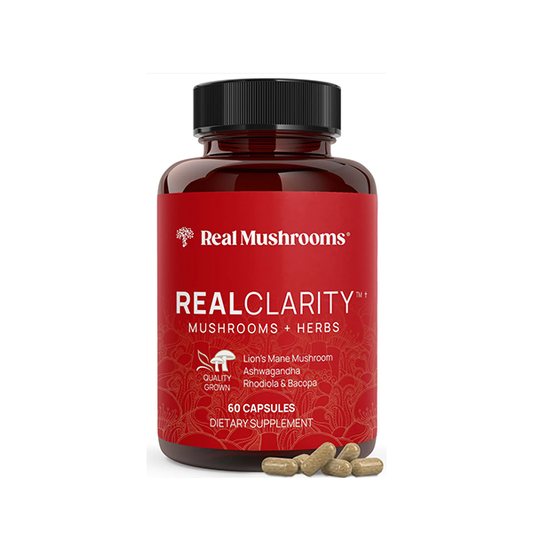 Real Mushrooms RealClarity Mushroom Powder Capsules - Brain Supplement with KSM-66 Ashwagandha Extract for Mental Clarity, Focus - Organic Lions Mane Capsules Focus Supplements for Adults, 60ct