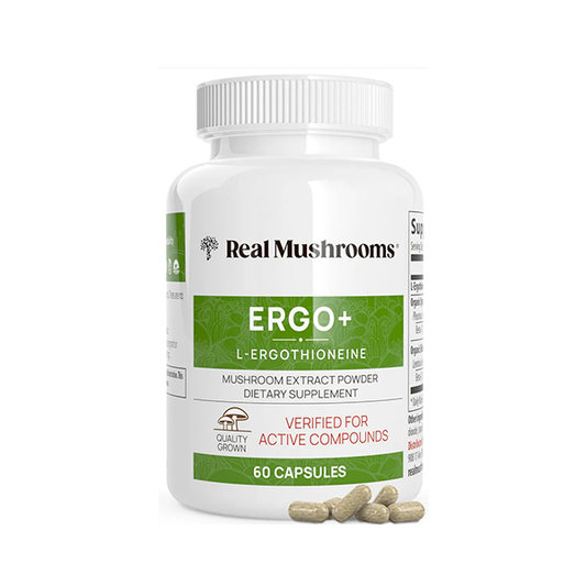 Real Mushrooms L-Ergothioneine, Golden Oyster Mushroom Extract 60ct Longevity, Immune Support Brain Supplement Blend with Beta Glucan - Organic, Vegan Supplements