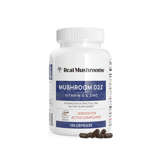 Real Mushrooms Zinc Supplements for Adults 120ct Vitamin D2 Immune Support with Chaga Reishi - Vegan, Gluten-Free, Non-GMO Vitamins Mushroom Capsules