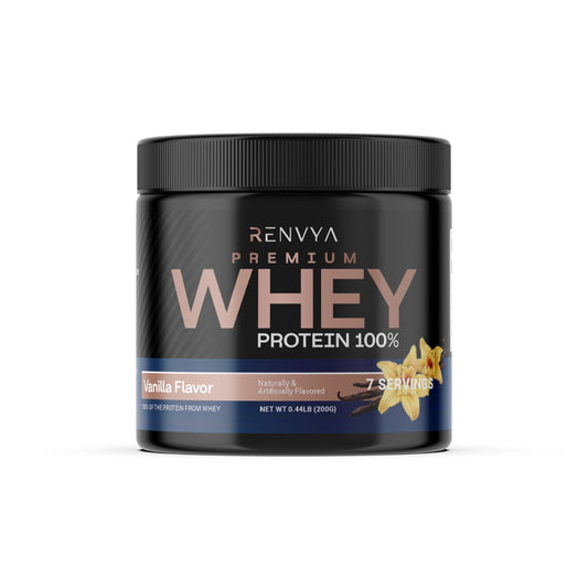 Black container of Renvya Premium Whey Protein 100% with vanilla flavor on a white background