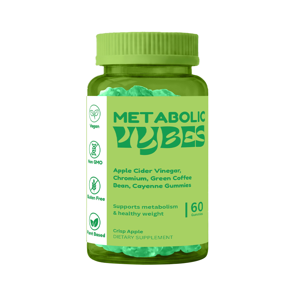 Green bottle of Metabolic Vibes dietary supplement on a white background