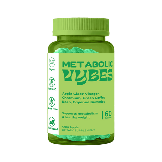 Green bottle of Metabolic Vibes dietary supplement on a white background
