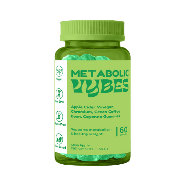 Green bottle of Metabolic Vibes dietary supplement on a white background