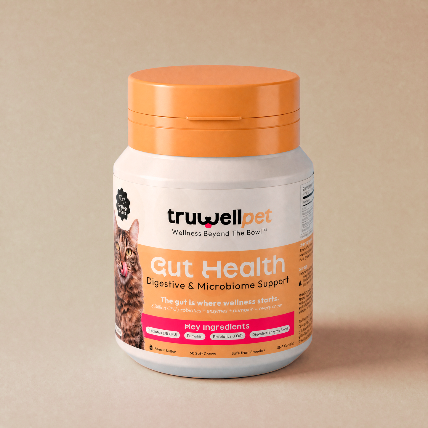 TruWell Pet Gut Health Soft Chews for Dogs & Cats — Digestive & Microbiome Support with 3 Billion CFU Probiotics, Prebiotics & Pumpkin — Peanut Butter Flavor, 60 Chews