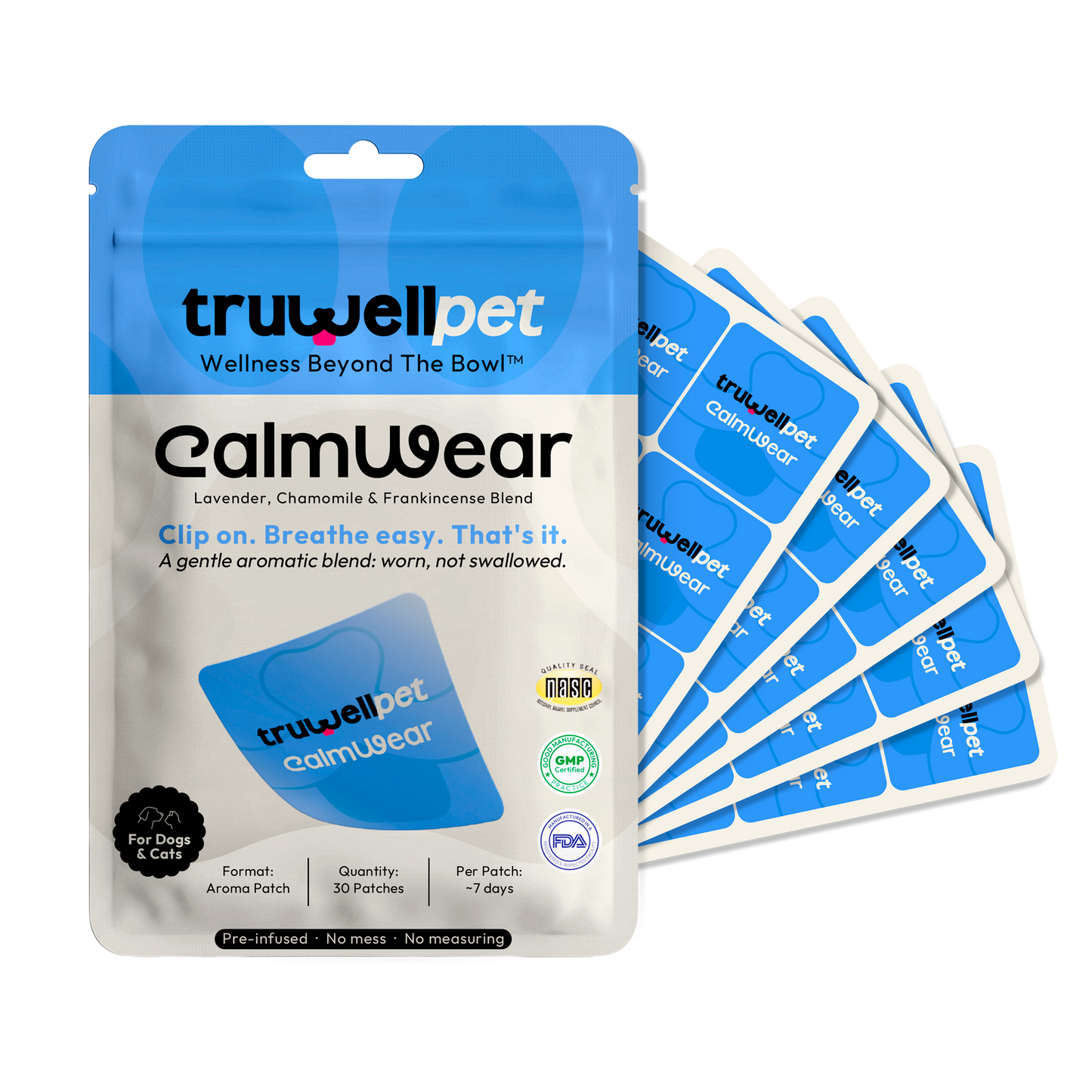 TruWell Pet CalmWear Aroma Patches for Dogs & Cats — Lavender, Chamomile & Frankincense Blend for Fireworks, Vet Visits & Separation Anxiety — 30 Patches