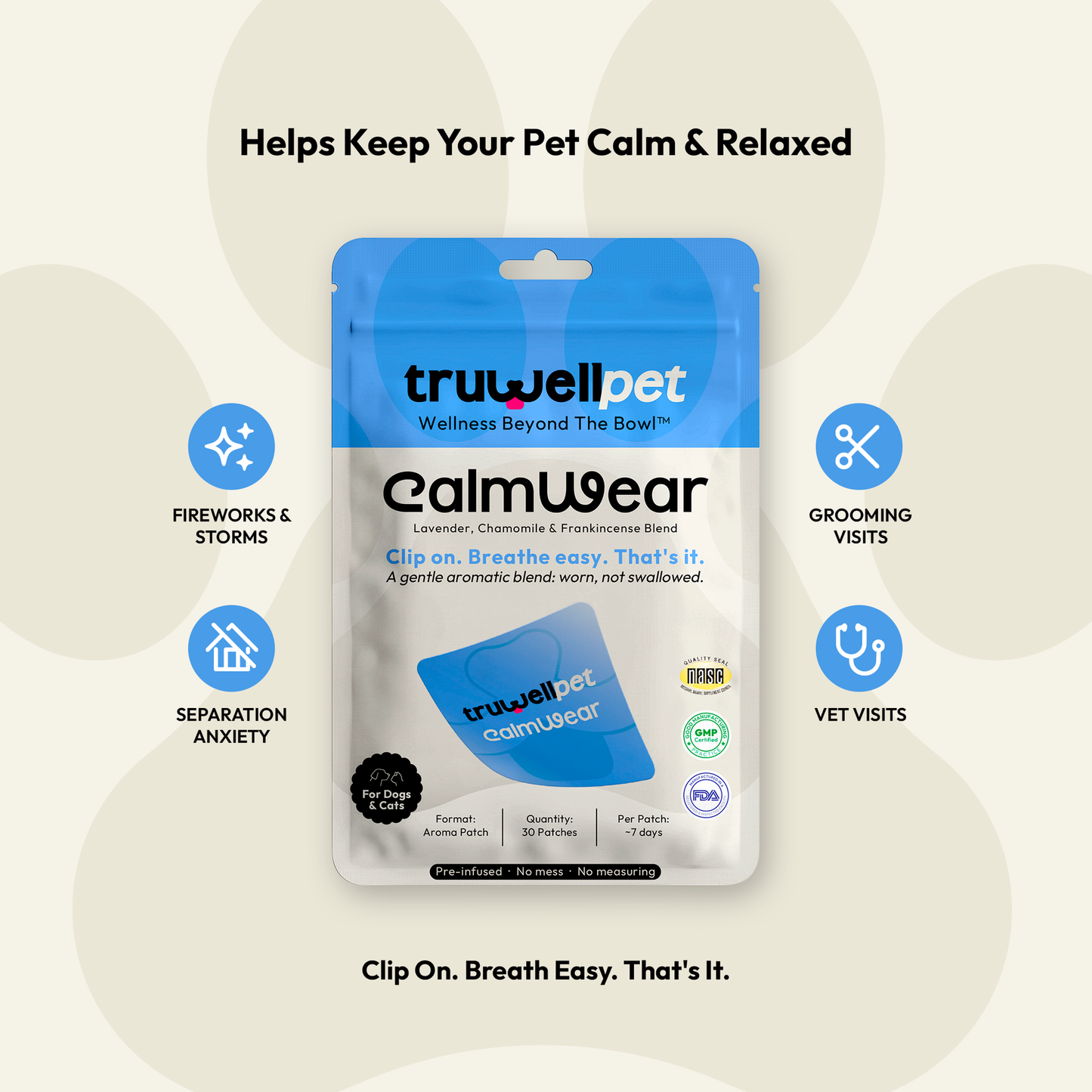 TruWell Pet CalmWear Aroma Patches for Dogs & Cats — Lavender, Chamomile & Frankincense Blend for Fireworks, Vet Visits & Separation Anxiety — 30 Patches