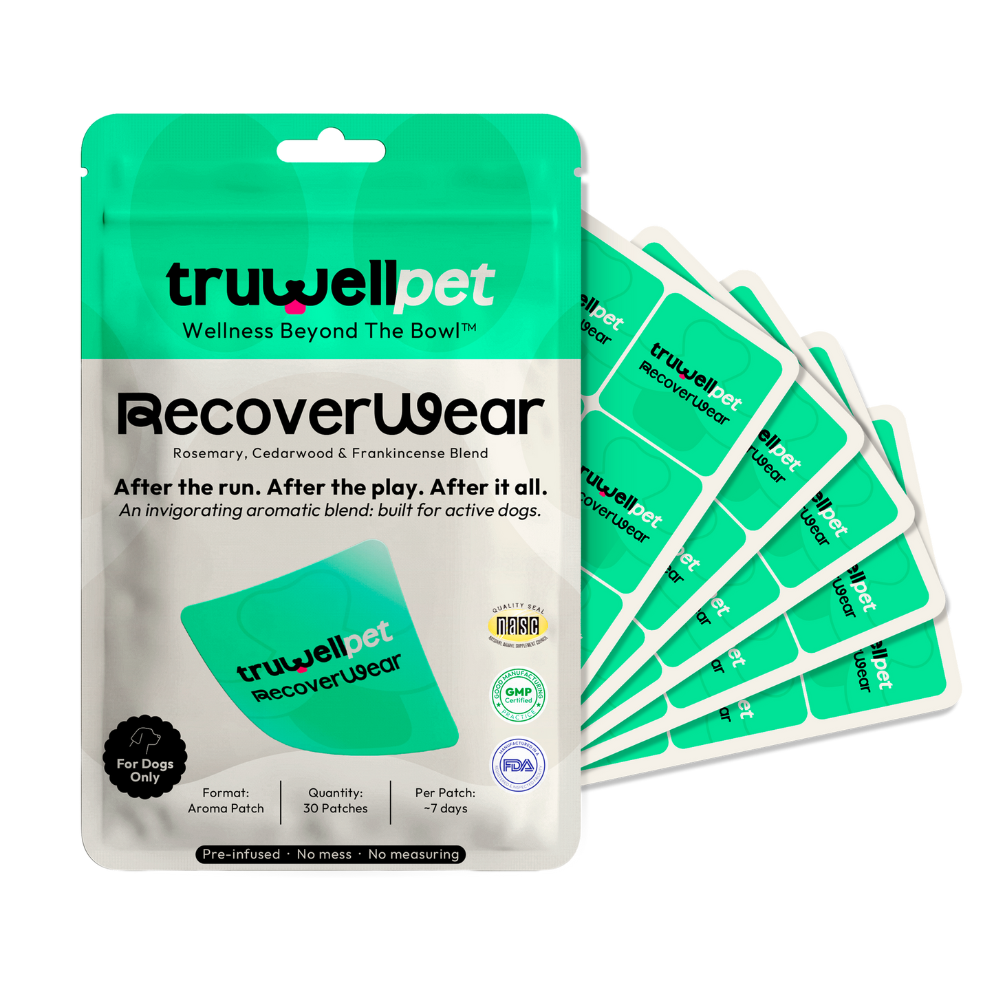 TruWell Pet RecoverWear Aroma Patches for Dogs — Rosemary, Cedarwood & Frankincense Blend for Post-Activity Recovery — 30 Patches