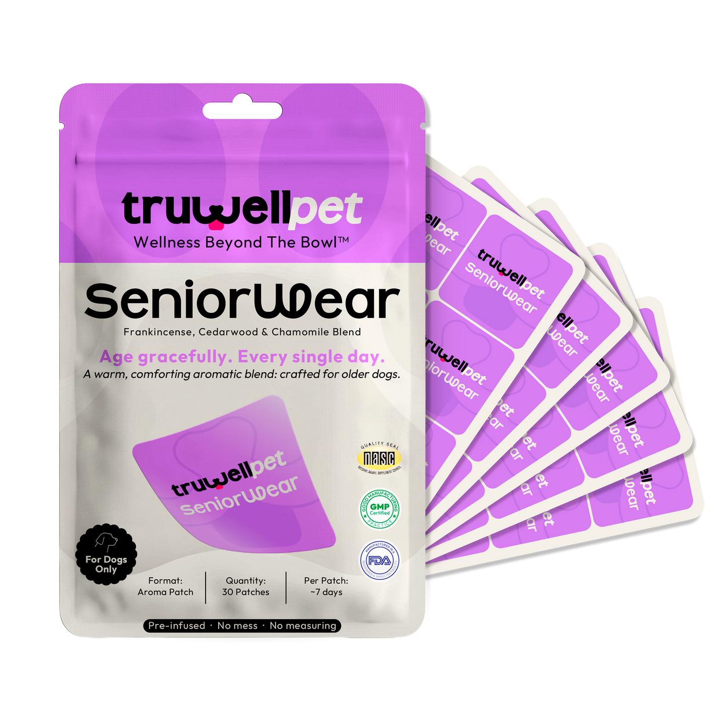 TruWell Pet SeniorWear Aroma Patches for Dogs — Frankincense, Cedarwood & Chamomile Blend for Senior Pet Wellness Routines — 30 Patches