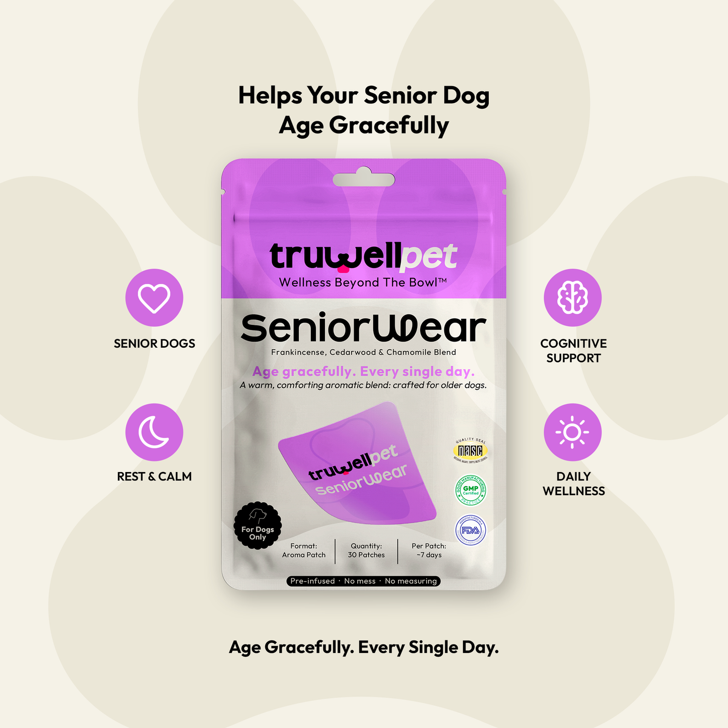 TruWell Pet SeniorWear Aroma Patches for Dogs — Frankincense, Cedarwood & Chamomile Blend for Senior Pet Wellness Routines — 30 Patches
