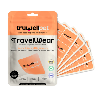TruWell Pet TravelWear Aroma Patches for Dogs & Cats — Lavender, Ginger & Cedarwood Blend for Car Rides, Flights & Travel — 30 Patches