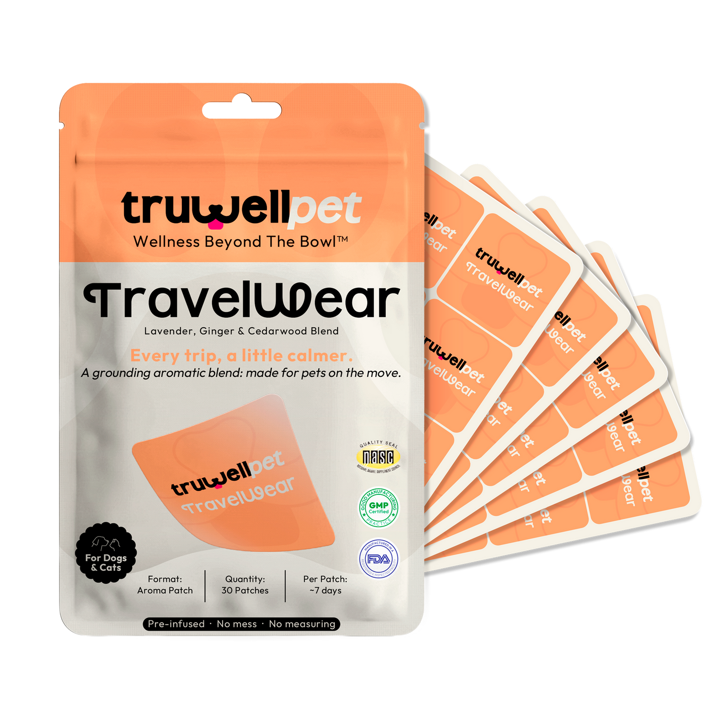 TruWell Pet TravelWear Aroma Patches for Dogs & Cats — Lavender, Ginger & Cedarwood Blend for Car Rides, Flights & Travel — 30 Patches