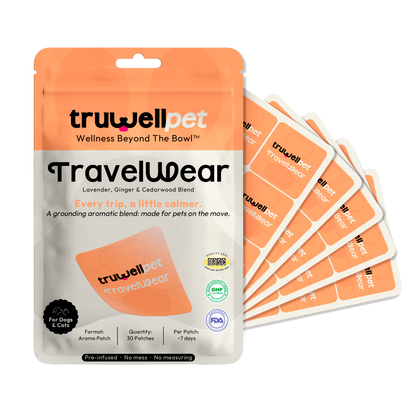 TruWell Pet TravelWear Aroma Patches for Dogs & Cats — Lavender, Ginger & Cedarwood Blend for Car Rides, Flights & Travel — 30 Patches