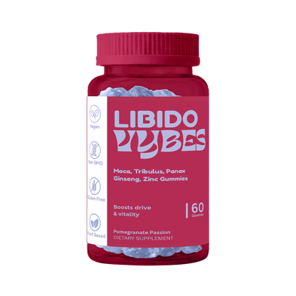 Pink bottle of Libido Vibes gummies on a white background