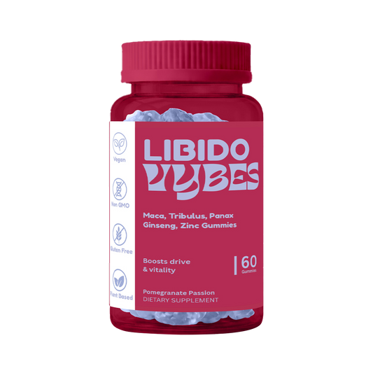 Pink bottle of Libido Vibes gummies on a white background