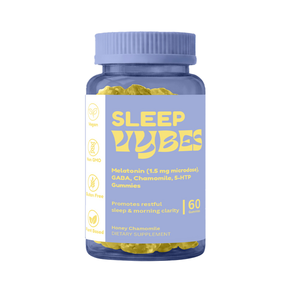 Bottle of 'Sleep Vibes' gummies on a white background