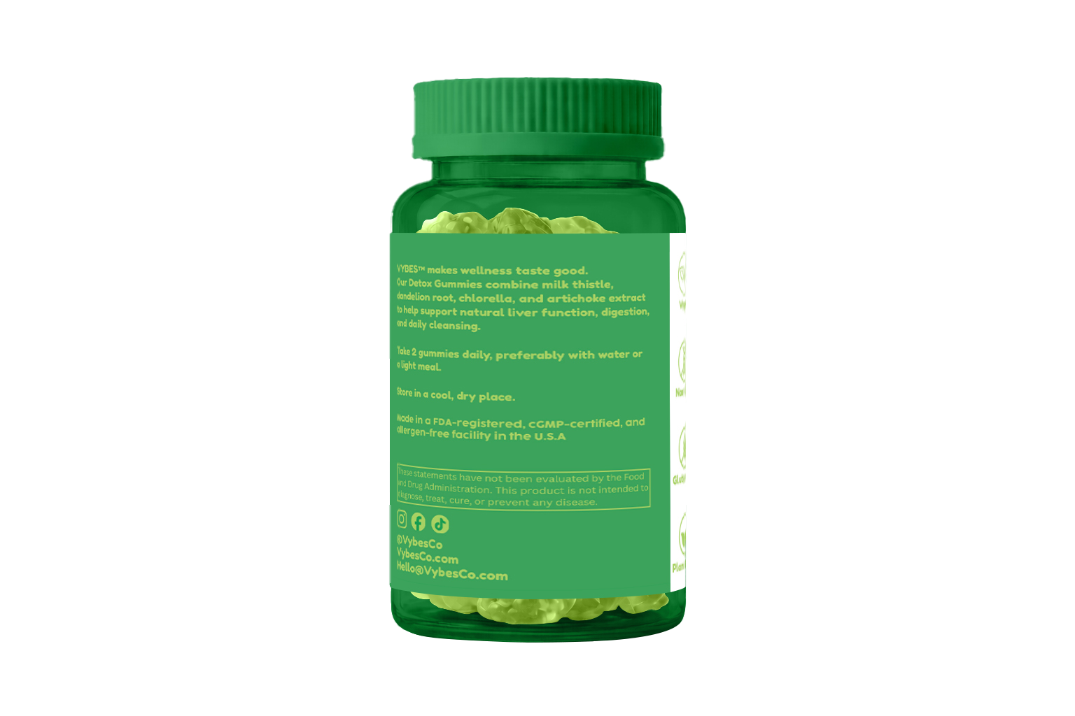 Green supplement bottle with capsules on a white background