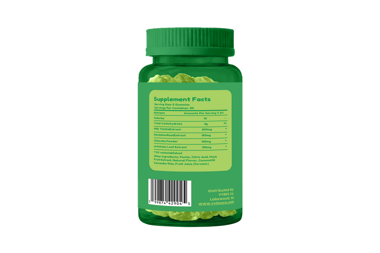 Green supplement bottle with label on a white background
