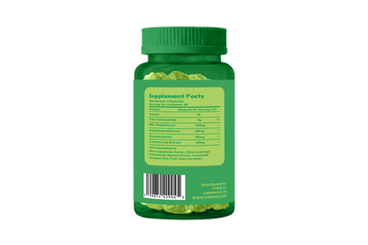 Green supplement bottle with label on a white background