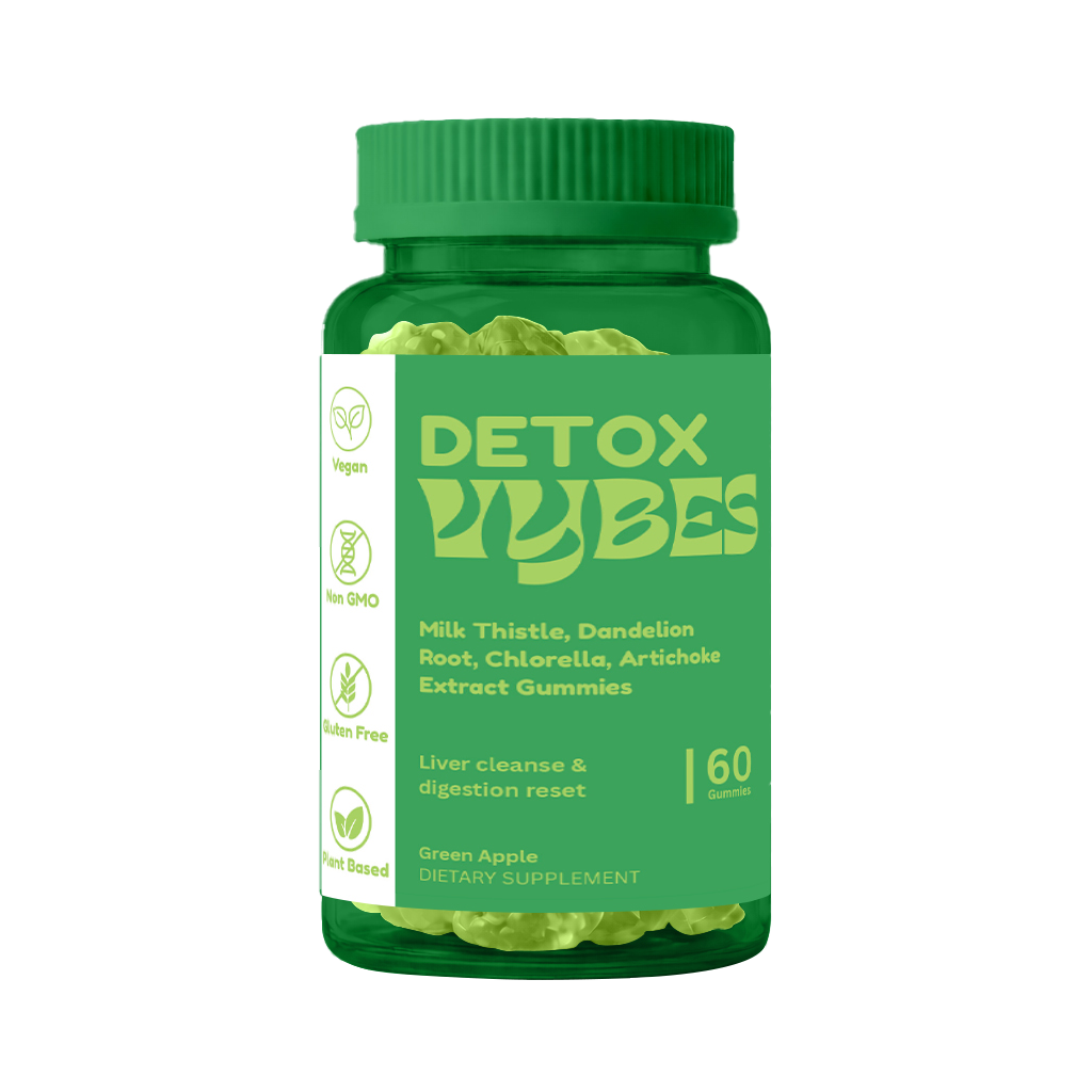 Green bottle of Detox Vubes on a white background