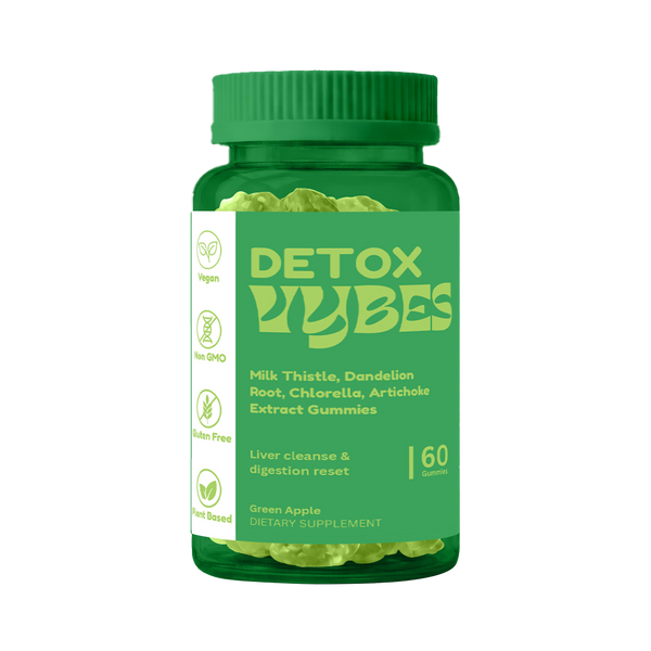 Green bottle of Detox Vubes on a white background