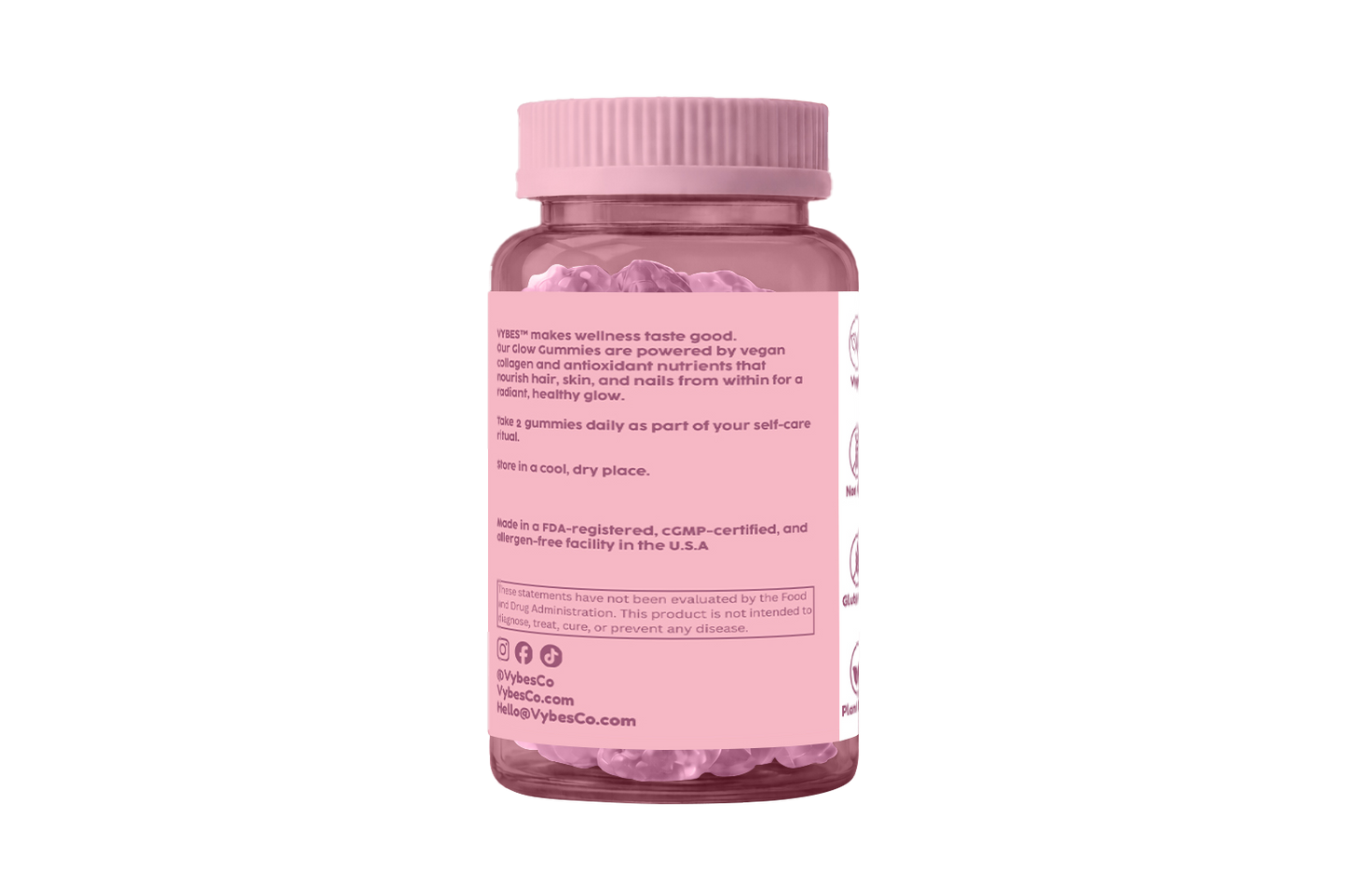 Pink supplement bottle with visible text on a white background